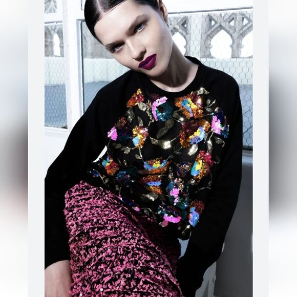 Le Superbe Glam Garden Sequined Sheer Round Neck Sweatshirt Top Women's Medium
